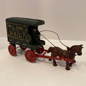 Vintage Full Cast IRON US MAIL HORSE and CARRIAGE w/Driver & Mail Gold and Green